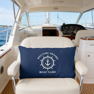 Coussin Rectangle Bienvenue à bord nom du bateau corde d'ancre gouve