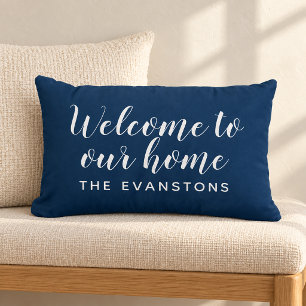 Coussin Rectangle Bienvenue chez nous Navy Script