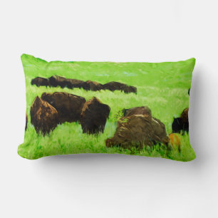 Coussin Rectangle Bison Américain Avec Jeune Impressionnisme Abstrai