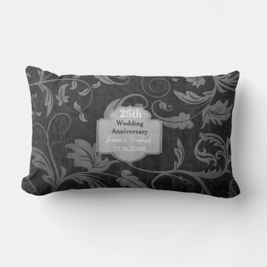 Coussin Rectangle Black and Silver Damask 25e anniversaire de Mariag (Recto)