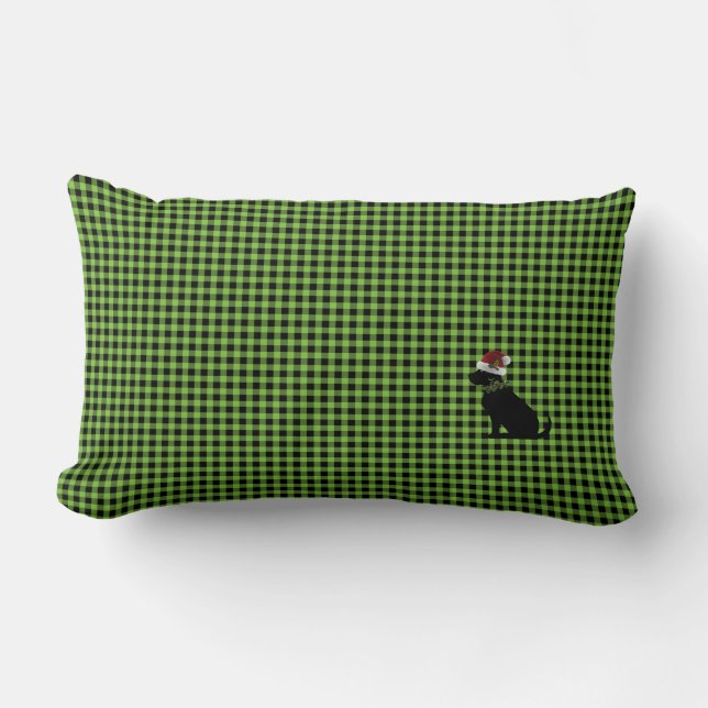 Coussin Rectangle Black Chien Santa Hat Noël Green Check Festif (Recto)