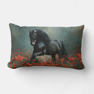 Coussin Rectangle Black Friesian Stallion Red Poppies