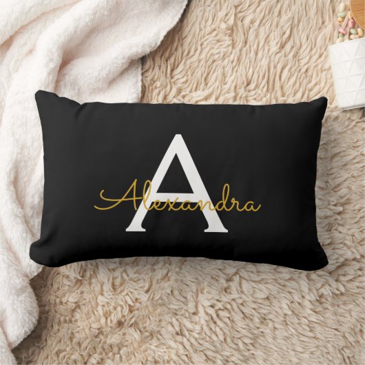 Coussin Rectangle Black Gold Girl Script Monogramme Nom Moderne (Couverture)