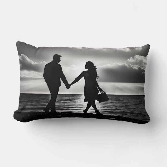 Coussin Rectangle Black & White Beach Walk Silhouette : Amour intemp (Recto)