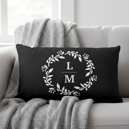 Coussin Rectangle Black & White Monogram Wreath Lumbar Pillow