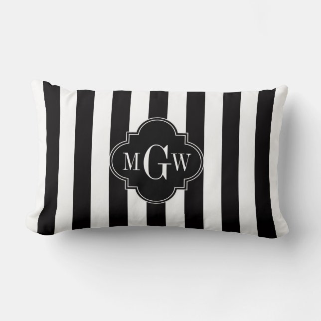 Coussin Rectangle Black White Stripe Black Quatrefoil 3 Monogramme (Recto)