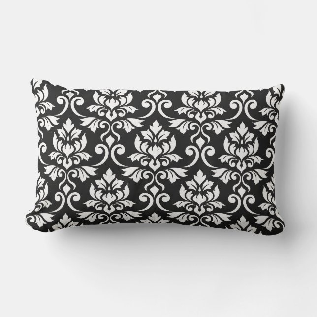 Coussin Rectangle Blanc de motif de damassé de Feuille sur le noir (Recto)
