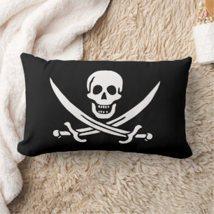 Coussin Rectangle Blanc, Drapeau de Pirate Calico Jack, Crâne et Sab