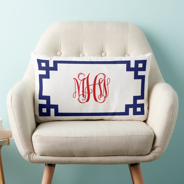 Coussin Rectangle Blanc Navy Rouge Clé Grecque Vigne Monogramme DIY  (Créateur téléchargé)