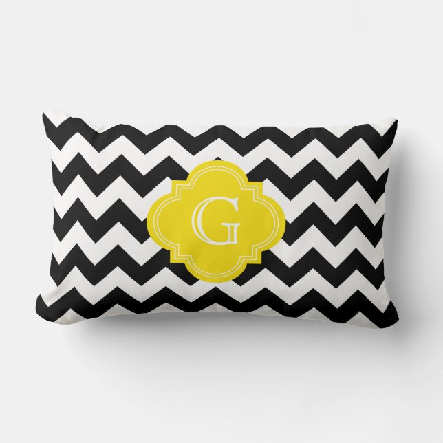 Coussin Rectangle Blanc-Noir Chevron Zig-Zag Monogramme Jaune (Recto)