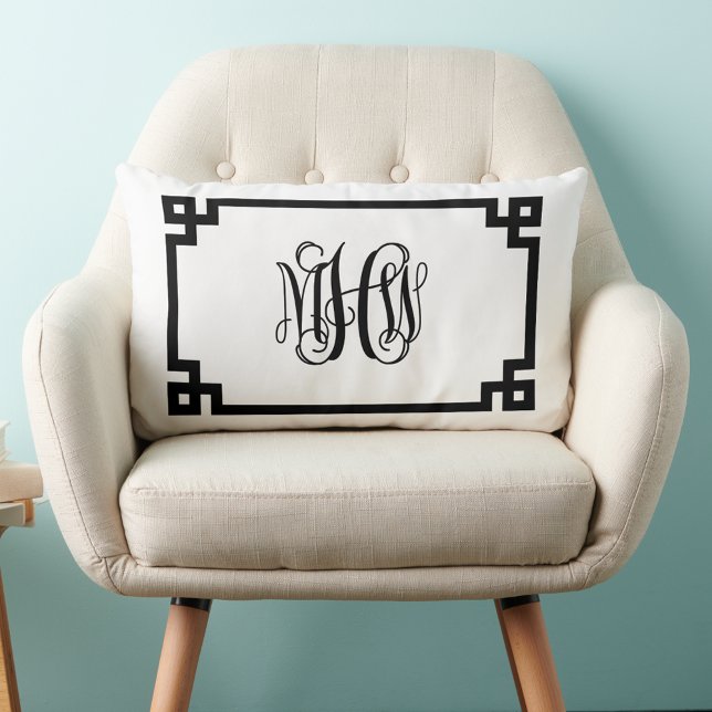 Coussin Rectangle Blanc noir clé grecque Vigne Script Monogramme do- (Créateur téléchargé)