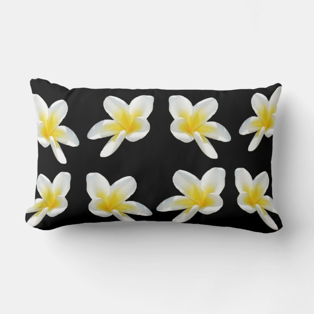 Coussin Rectangle Blanc Noir Jaune, Frangipanis Lumbar Coussin. (Recto)