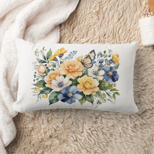 Coussin Rectangle Bleu Blanc jaune floral Papillon d'eau Cadeau (Couverture)