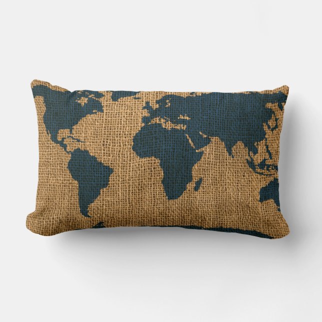 Coussin Rectangle Bleu de mer profonde de carte du monde (Recto)