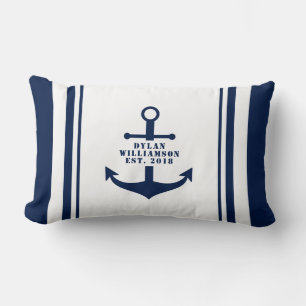 Coussin Rectangle Bleu et blanc - Ancre personnalisable Nautique