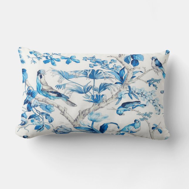 Coussin Rectangle Bleu et blanc Oiseau Oriental Chinoiserie (Recto)