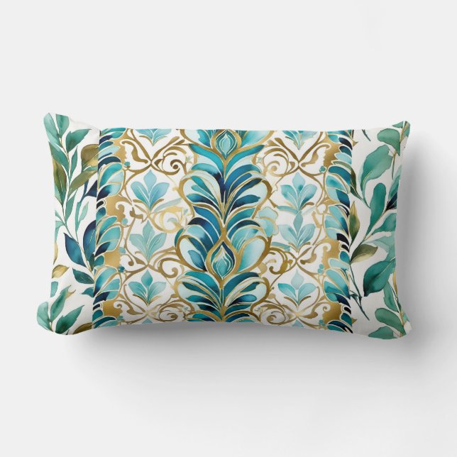 Coussin Rectangle Bleu et or. Feuille et fleuris, rayures (Recto)