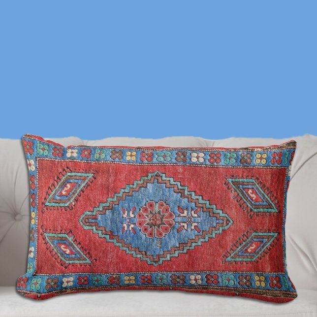 Coussin Rectangle Bleu et Rose Antique Turc Oriental Design de tapis (Créateur téléchargé)