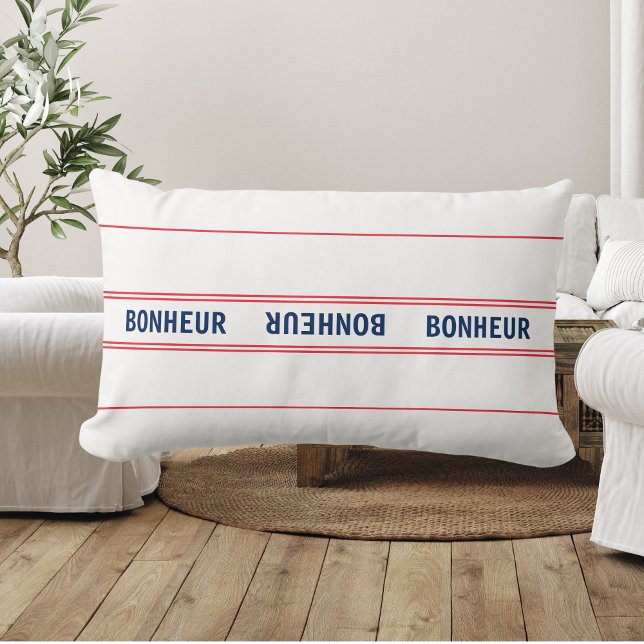Coussin Rectangle Bleu Français Bonheur & Rayé Rouge (Créateur téléchargé)