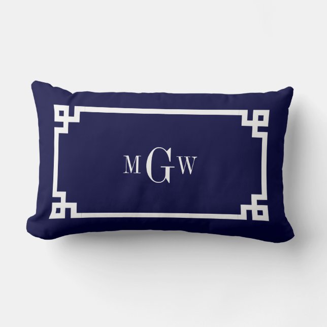 Coussin Rectangle Bleu marine clé grecque blanche #2 encadré monogra (Recto)