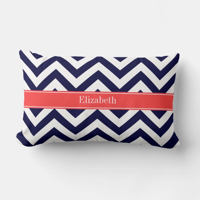 Coussin Rectangle Bleu Marine Grand Chevron Corail Rouge Monogramme  (Recto)