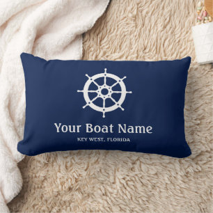 Coussin Rectangle Bleu Nuit Marin Nom de Bateau Personnalisé Blanc