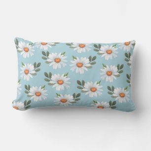 COUSSIN RECTANGLE BLEU PASTEL AVEC DAISIES BLANCHES ET JAUNES
