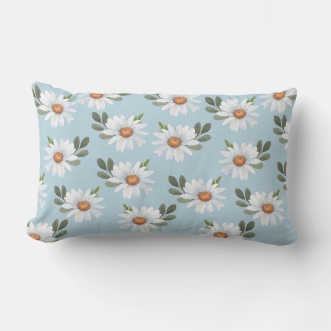 COUSSIN RECTANGLE BLEU PASTEL AVEC DAISIES BLANCHES ET JAUNES (Recto)
