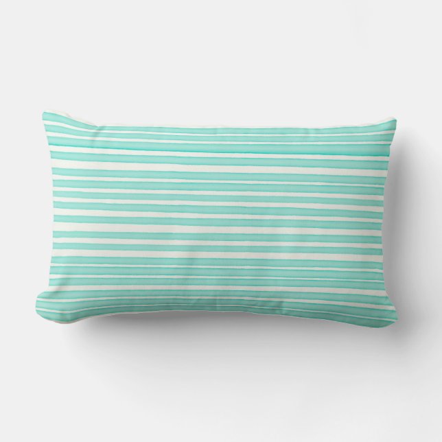 Coussin Rectangle Bleu turquoise rayures d'aquarelle sur blanc (Recto)