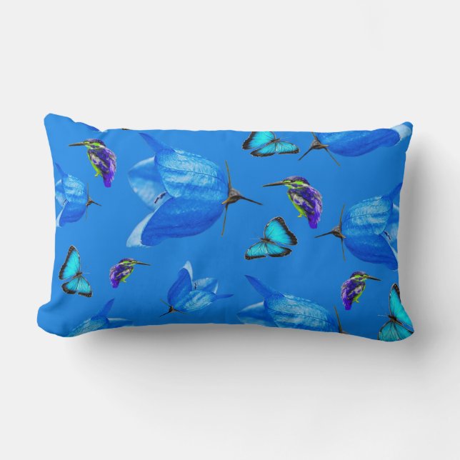 Coussin Rectangle Blue Butterflies, Kingfishers, And Bell Flowers (Recto)