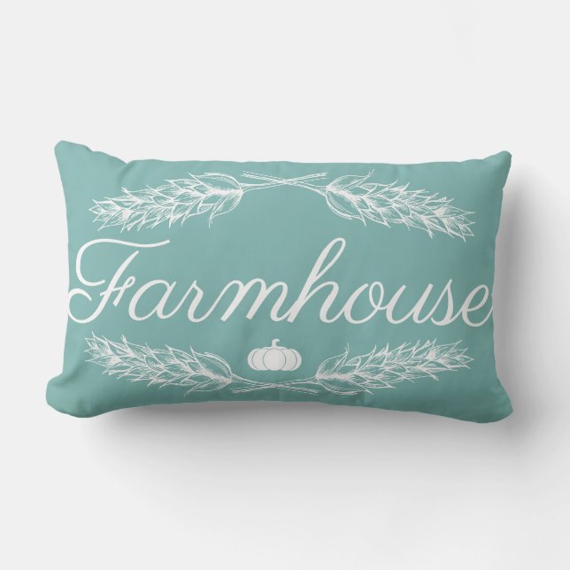 Coussin Rectangle Blue Farmhouse Blé Stalk Laurels Citrouille et nom (Recto)