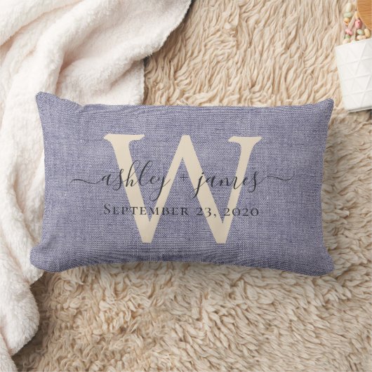 Coussin Rectangle Blue Linen ivoire Monogramme Mariage Keepsaké (Couverture)