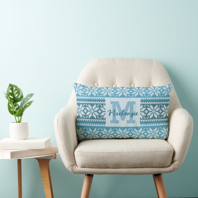 Coussin Rectangle Blue Nordic Snowflake Knit Sweater Monogramme Nom (Chaise)