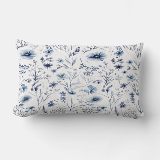 Coussin Rectangle Blue Watercolor Wildflower Botanical Throw Pillow (Recto)