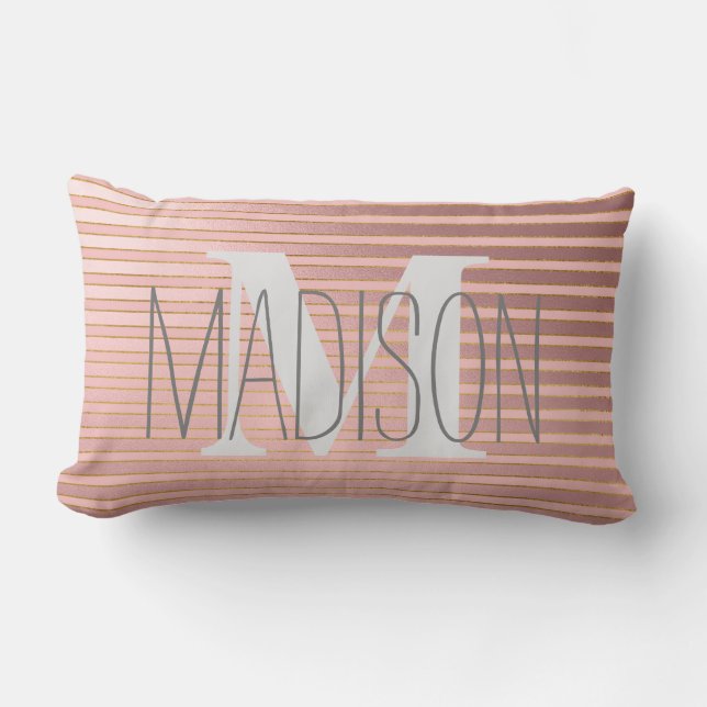 Coussin Rectangle Blush rose personnalisé rayé monogramme nom (Recto)
