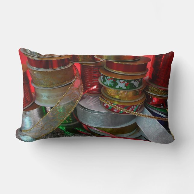 Coussin Rectangle Bobines de ruban de Noël rouge et or (Recto)