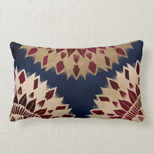 Coussin Rectangle Bohême Gold Navy Bourgogne main tiré Mandala