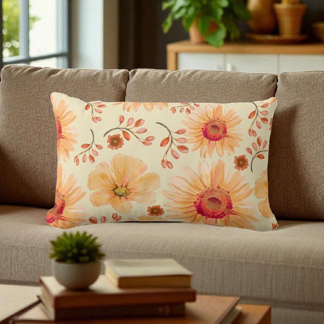 Coussin Rectangle Boho Botanique Aquarelle Crème Orange Floral (Créateur téléchargé)