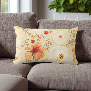 Coussin Rectangle Boho Botanique Aquarelle Crème Orange Floral