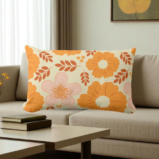 Coussin Rectangle Boho Botanique Aquarelle Orange Jaune Floral (Créateur téléchargé)
