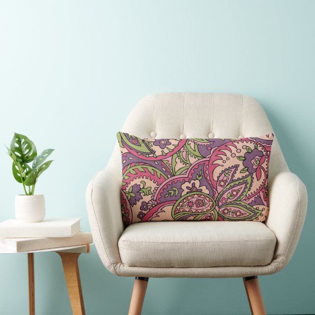 Coussin Rectangle Boho Hippie rose/vert/violet Floral Paisley (Chaise)