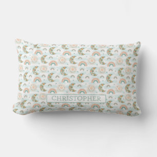 Coussin Rectangle Boho moderne menthe arc-en-ciel enfants lune fleur