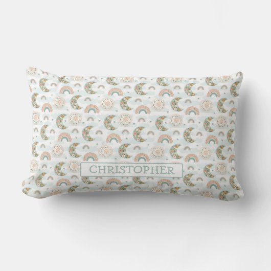 Coussin Rectangle Boho moderne menthe arc-en-ciel enfants lune fleur (Recto)