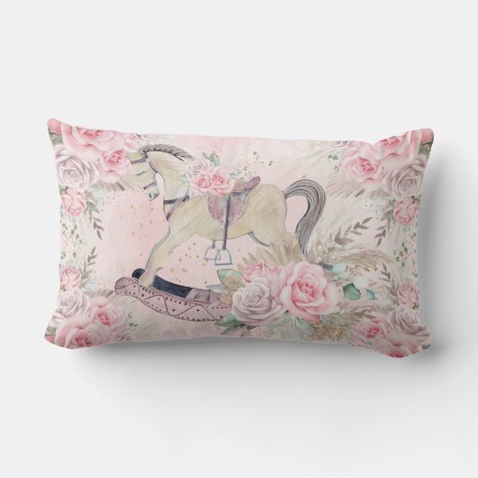 Coussin Rectangle Boho Pampas Herbe Rose Floral Rocal Horse (Verso)