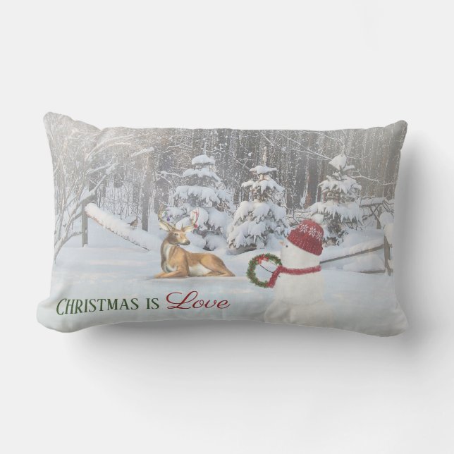 Coussin Rectangle bonhomme de neige de Noël avec couronne pour cerf  (Recto)