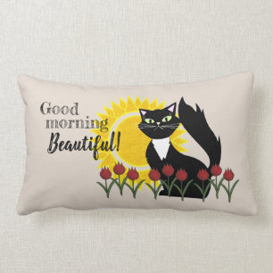 Coussin Rectangle Bonjour Beau! Chat avec le soleil et les tulipes