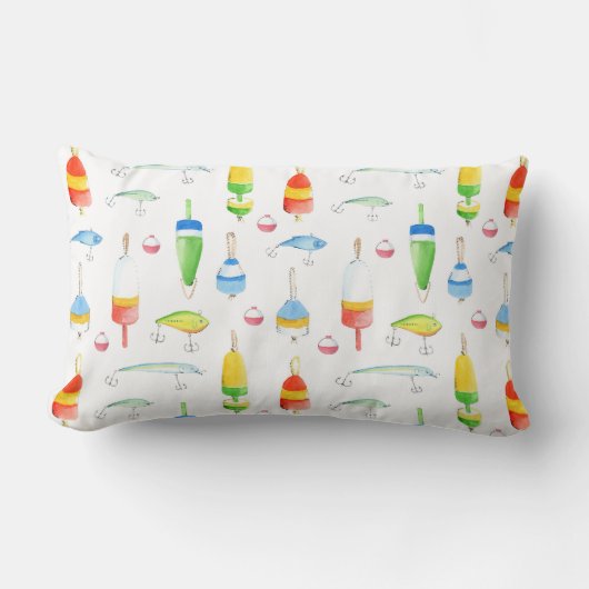 Coussin Rectangle Bouées et leurres d'aquarelle de pêche (Recto)