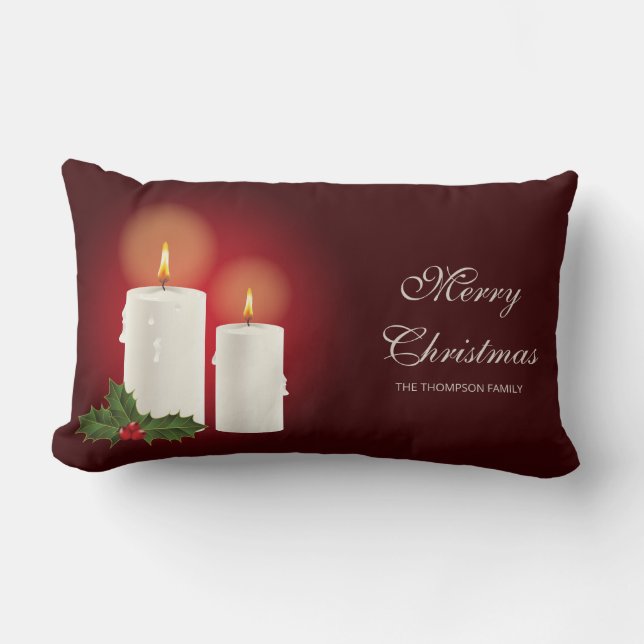 Coussin Rectangle Bougies de Noël blanches sur fond rouge avec texte (Recto)