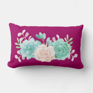 Coussin Rectangle Bouquet de fleurs rose et vert Pastel sur Magenta