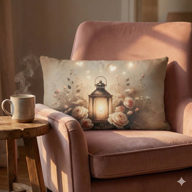 Coussin Rectangle Bouquet de lanterne à la lueur de rose (Rose Lantern Glow Bouquet Lumbar Pillow Mockup A)